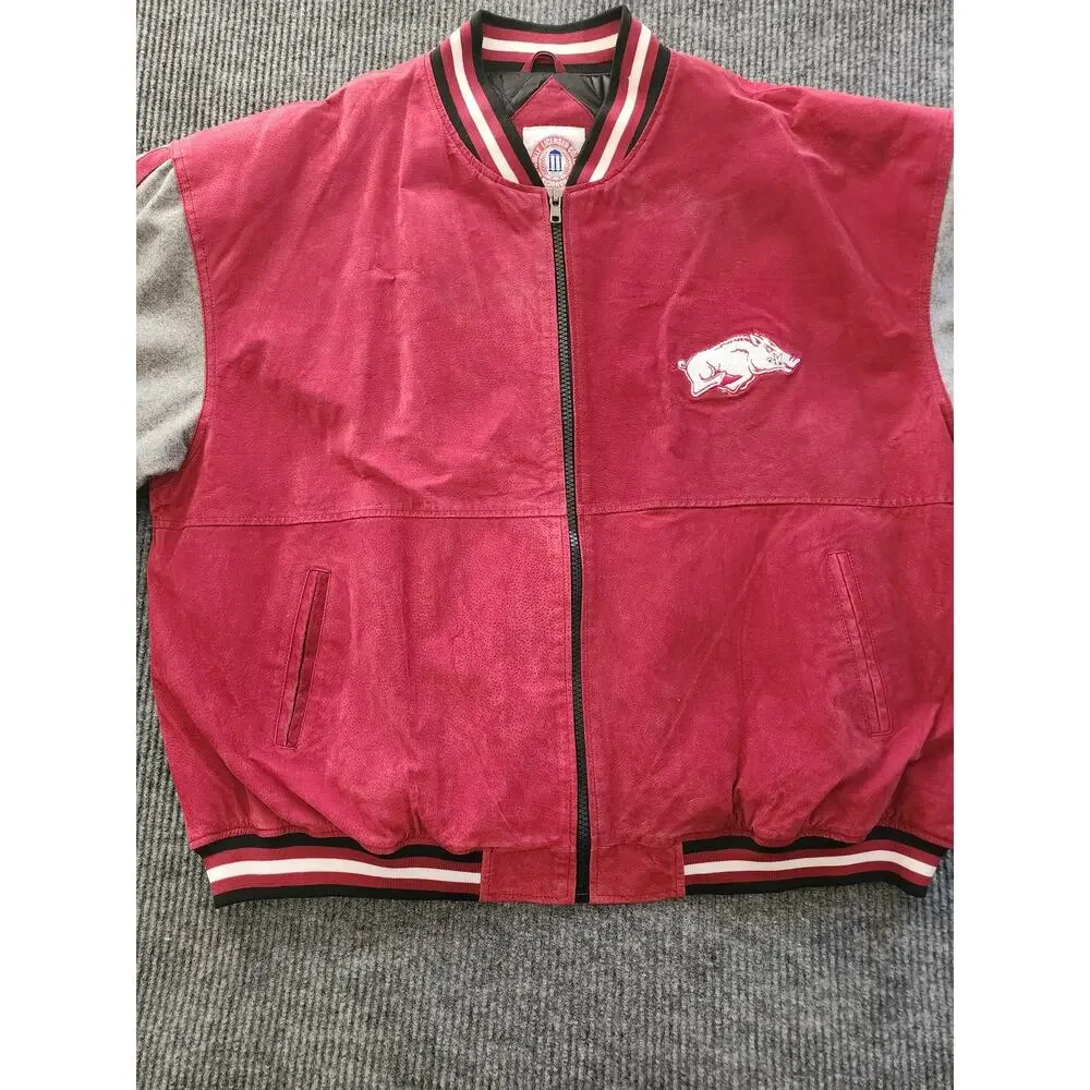 Arkansas Razorbacks XXL Red Gray Leather Suede Quilted Bomber Jacket Collegiate
